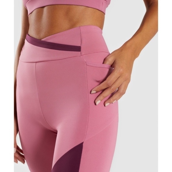 GYMSHARK Asymmetric Leggings Crossover Waist High Rise Dusky Pink/Dark Ruby S - Picture 5 of 15